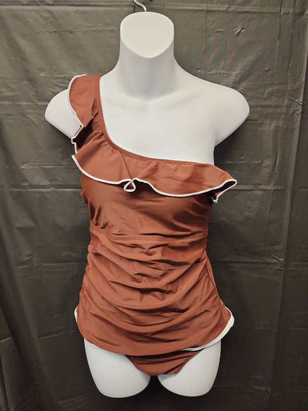 lot 71359 image: CupShe, Brown One-Shoulder Ruffle Swimsuit with White Trim and Underwear (Size S) - Retail $25