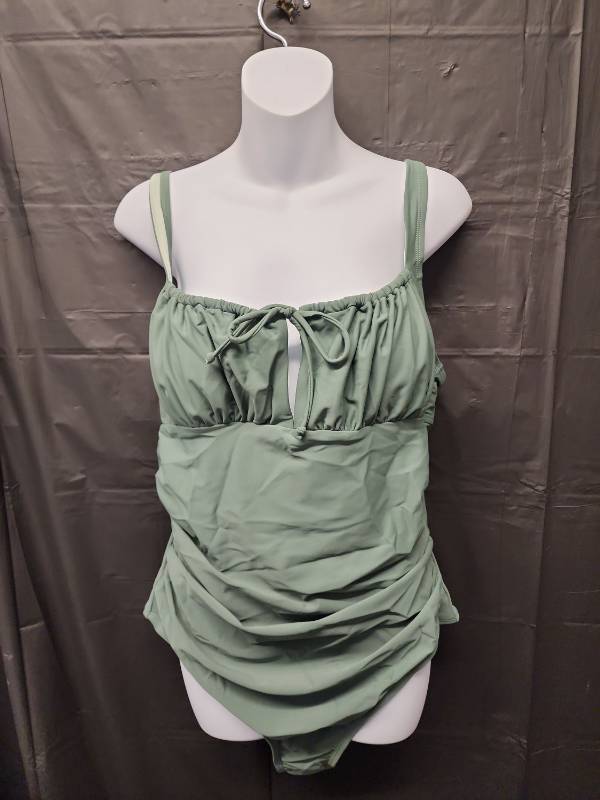 lot 71354 image: CupShe, Green Ruched One Piece Swimsuit with Front Tie Detail (Size XL) - Retail $20