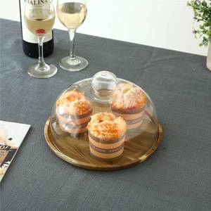 lot 70982 image: MyGift 8 Inch Clear Glass Dessert Cake Plate & Cheese Cloche Dome with Acacia Wood Serving Tray - Retail $40