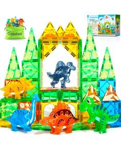 lot 71002 image: Magnetic Building Tiles Set with Dinosaur Figures Ages 3 - Retail $25