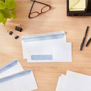 lot 71010 image: Amazon Basics #10 Security-Tinted Self-Seal Business Envelopes with Left Window for Invoices and Documents, White, 500-Pack - Retail $30