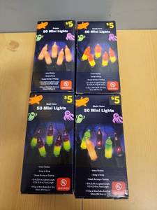lot 71046 image: 50 Mini Lights Halloween String Lights (Lot of 4) Orange, Candy Corn, Dual Color, Multi-Color - Retail $20