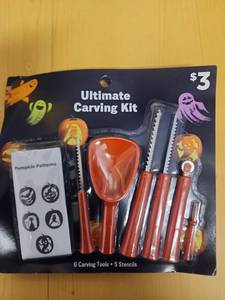 lot 71059 image: Ultimate Carving Kit 6 Carving Tools 5 Stencils Pumpkin Patterns - Retail $6