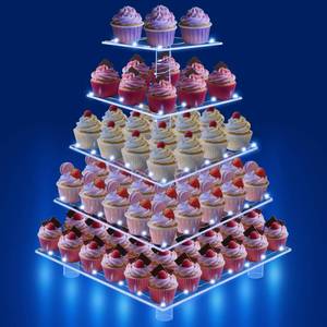 lot 1062 image: RLHDIS 5 Tier Cupcake Stand with Blue Lights, Acrylic Square Cupcake Tower