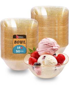 lot 1064 image: bUCLA 50Pack Gold Glitter Plastic Serving Bowls - 16oz Disposable Serving Bowls for Party DessertIce CreamSalsaSnack