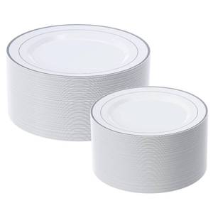lot 1071 image: FOCUSLINE Silver Plastic Plates Set of 60,Disposable Plates with Silver Rim