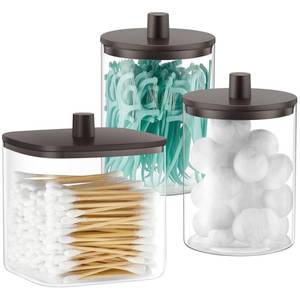 lot 1074 image: 3 Pack Glass Qtip Holder Dispenser- 10 oz Clear Canister Apothecary Jar, Bathroom Vanity Storage Organizer Set for Cotton Swabs, Pads, Floss Picks, Small Containers for Makeup Storage (Brown)