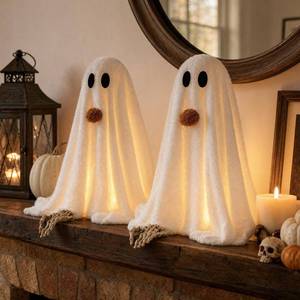lot 1076 image: Halloween Decorations-2 Pack Light-Up Sherpa Ghosts with Pumpkin