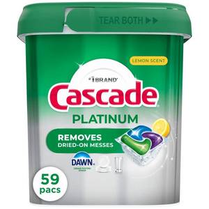 lot 1087 image: Cascade Platinum Pods Dishwasher Detergent - Lemon - 59ct Multi-Surface, Removes Finger Prints, Removes Grease