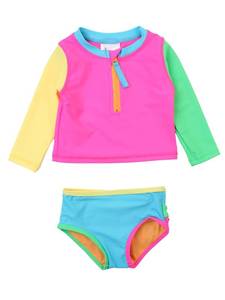 lot 2182 image: RuffleButts Girls Zipper Long Sleeve - Rash Guard 2-Piece Swimsuit UPF 50 12 to 18 months