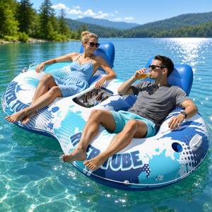 lot 7346 image: JOSEN Inflatable River Tube Float - 2 Person Heavy Duty River Float, Pool Floats Adult, Lake River Floats Water Tubes for Floating with Removable Cooler & Cupholders for Summer Relaxation, Blue