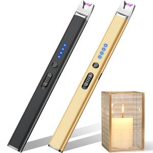 lot 8333 image: LcFun 2 Pack Candle Lighter USB Rechargeable Electric Plasma Arc Lighters with Safety Lock, Windproof Flameless Lighters Long Stem Matches for Candle, Grill, BBQ, Camping, Gas Stoves (Black, Gold)