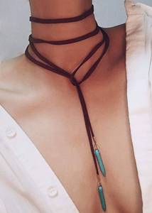 lot 8351 image: FXmimior Women Necklace Vintage Long Choker with Turquoise Pendant Sexy Rock Handmade Layered Necklace For Women (black)