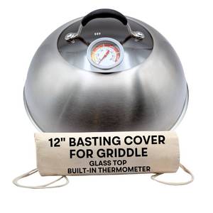 lot 9937 image: Family Counter Basting Cover for Griddle with Thermometer and Glass Top, 12-Inch Stainless Steel Melting Dome with Steam Vent for BBQ and Grilling on Flat Top, Blackstone Griddle Accessories