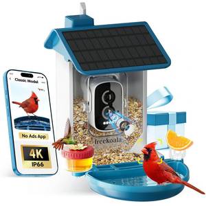 lot 9960 image: Freekoala Bird Feeder with Camera, 4K UHD AI Video Bird Feeder Camera, Solar Powered Smart Bird Feeder with Camera for Outside, Instant Arrival Alerts, 3-in-1 Design, Ideal Gifts for Bird Lovers, Blue