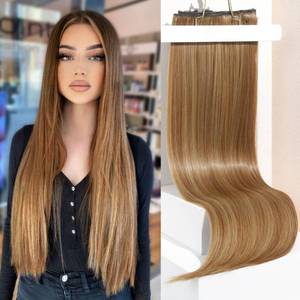 lot 10371 image: REECHO Clip in Hair Extensions, Hair Extensions Thick Long Lace Weft Lightweight Synthetic Hairpieces for Women 24 Inch-240 Gram(Pack of 5), Light Brown with Highlights