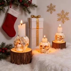 lot 10373 image: Christmas Skull Candle Holders Set of 3 �� Gothic Skeleton Head Xmas Decorations for Spooky Home D�cor, Haunted House, Party Centerpiece, Horror Candle Holder Gifts
