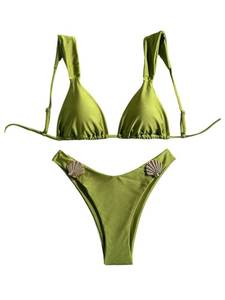 lot 10374 image: WDIRARA Womens 2 Piece Metal Seashell Bikini Set High Cut Swimsuit Tie Backless Bathing Suit Olive Green Small