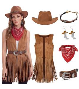 lot 10375 image: 6 PCS Women Cowgirl Costume Set Western Cowboy Outfits with Vest Hat Belt Earring Bandana for Halloween Costumes 2026 Cosplay