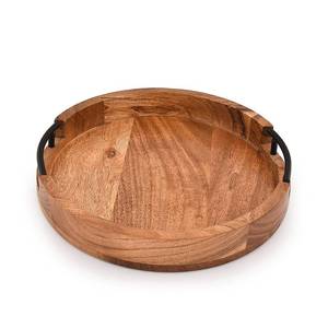lot 17062 image: Mahasu Round Acacia Wood Serving Tray with Iron Handles 12