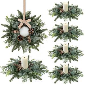 lot 19288 image: 6 PCS Christmas Candle Rings Wreaths Norfolk Snowy Pine Needles Garland Pinecones Wreaths Artificial Cedar Candle Rings Holder for Christmas Wedding Home Table Centerpiece Door Window Chair Wall