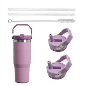 lot 20089 image: 2Pack Replacement Tumbler Lid for Stanley IceFlow 30 oz(Only) Flip Straw Lid, with 2Pcs Reusable Straws,1Pcs Cleaning Brush (Black)