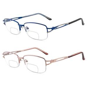 lot 20104 image: FEIVSN 2 Pack Metal Bifocal Reading Glasses for Women Designed Lady Bi-focal Readers Half Frame Fixed Hinge Clear 0 Top, Royal Blue  Baby Pink, 2.00