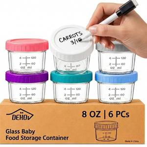 lot 13100 image: Dehov 6-Piece Glass Baby Food Containers 8 OZ