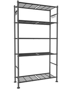 lot 1137 image: Sakugi Storage Shelves - 5-Tier Large Capacity Shelf Organizer with Hooks, Heavy-Duty Garage Shelving with Leveling Feet, Wobble-Free Rack for Bedroom, Balcony, Garage, 32.1�12.4�71.4, Black