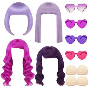 lot 1141 image: Fingertip WD 12 Pcs Purple Wig Set with 4 Pcs Wig Cap and Sunglasses Set