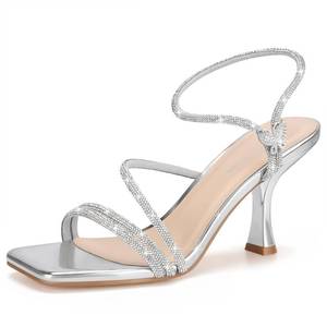 lot 2230 image: Viciously Vixen Womens Strappy Kitten Heels Square Open Toe Sandals Party Wedding Ankle Strap Shoes,Silver Rhinestone, 8