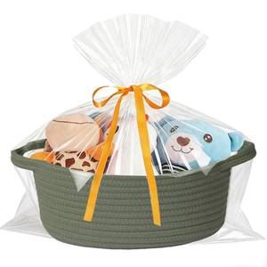 lot 2260 image: HOBASKET Small Woven Basket with Gift Bags and Ribbons Durable Cotton Rope Basket for Halloween Gifts Empty Storage Basket 12X 8 X 5 Baby Toy Basket with Handles, Green