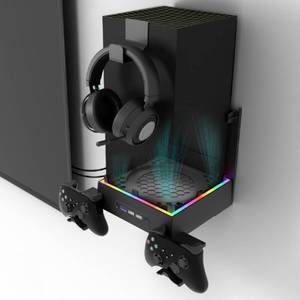 lot 2288 image: JDGPOKOO Wall Mount with Cooling Fan for Xbox Series X, 4 in 1 Wall Mount Kit for Xbox Series X, 3 Speed Low Noise Fan with RGB Light Strip & Touch Switch, 3 USB Port Controller & Headphone Holder