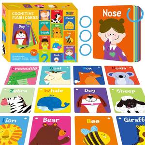 lot 2360 image: 50 PCS Kid First Cognitive Flashcards,Double Sided Printed 7 in 1 Colorful Cards Alphabet,Numbers, Foods,Animals,Shapes,Colors with 3 Reclosable Rings,Learning Tool for Pre-K Kindergarten Toddlers