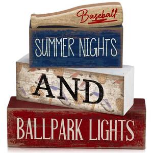 lot 2386 image: Lineshading 4 Pcs Baseball Wooden Blocks Sign with Bat, Blue White Red