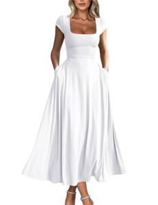 lot 2406 image: YMDUCH Womens Casual Short Sleeve Square Neck Flowy Long Dress White S