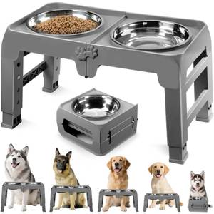 lot 9560 image: Elevated Dog Bowls for Large Dogs 5 Adjustable Heights 7.5-15.4, 2 X-Large 10 Stainless Steel Bowls, Heavy Duty Raised Dog Bowl Stand Foldable Pet Feeder for Dogs Shoulder Height Over 15, Grey