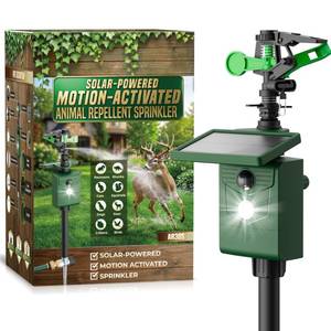 lot 9564 image: Motion Activated Animal Repeller with Water Sprinkler, Deer Repellent Devices Solar Powered, IP65 Waterproof Cat Repellent Outdoor with Flashing Light, Deter Deer Foxes Skunks Raccoons from Garden