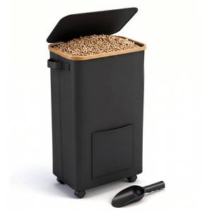 lot 9568 image: Ajerg 80LB Wood Charcoal Pellet Storage Bin with Wheels, Scoop & Foldable