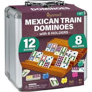 lot 9980 image: Queensell Mexican Train Dominoes Set with 8 Holders - Wooden Hub and Tiles Holders - Double 12 Tiles with Dots (D12  8 Holders)