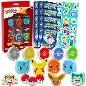 lot 10016 image: Pokemon Party Favor Set - Bundle with 15 Erasers Featuring Pokeball, Charmander, Bulbasaur, More Plus Trading Cards, Stickers  Pokemon Party Supplies Kit for Kids, Boys, Girls