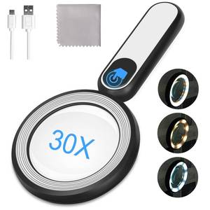 lot 10038 image: Rechargeable Magnifying Glass with Light, 30X 4.7IN Handheld Large Lightweight Lighted Magnify Len 21 LED 3 Modes Illuminated Book Magnifier forSenior,Reading,Inspection,Coin,JewelryChristmasGift