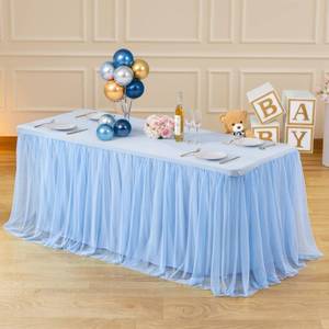 lot 10062 image: 6ft Baby Blue Tulle Tablecloths for Rectangle Tables Light Blue Table Cloths Rectangle Wrinkle Free Stretch 6 Foot Table Cover with Tutu Skirt for Baby Shower Boy Birthday Party Banquet Buffet Cake