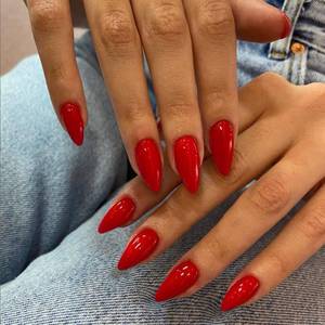 lot 10063 image: Fiery Red Press on Nails Almond Shaped 48Pcs Thick Fake Nails for Women, Medium Almond Nails Press on Reusable Acrylic Nails Glue on Medium Length Stiletto False Nails Gel Artificial Nails