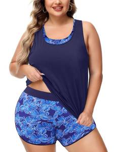 lot 10434 image: NIeyook Plus Size Swimsuit for Women 3 Piece Tankini with Shorts Tummy Control Bathing Suit Sports Swimsuits Navy Blue Flora 14WXL