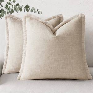 lot 10435 image: decorUhome Linen Fringe Natural Beige Throw Pillow Covers 18x18 Set of 2