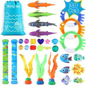lot 10445 image: 30 Packs Summer Pool Diving Swimming Essentials Toys for Kids, Fun Swim Games Sinking Set, Underwater Dive Gifts with Storage Bag Include Torpedo Gems Shark Rings Sea Animals for Boys Girls