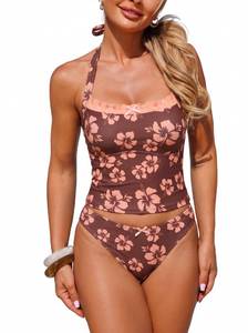lot 14381 image: ZAFUL High Waisted Tankini Set Wine Red Floral S