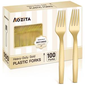 lot 14405 image: AOZITA Gold Plastic Forks, 100 Pc Disposable Set