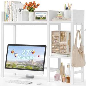 lot 19303 image: BOLUO Desk Hutch Dorm Room, Desktop Bookshelf for Computer Desk 37 Hutch Organizer Tabletop Storage Rack for College Essentials Home Office White